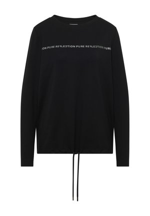 Černý dlouhý rukáv top vyrobený z měkkého materiálu, který má stahovací lem a potištěný textový design na hrudi.