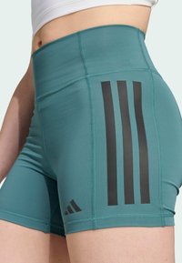 Høyt liv teal treningsshorts laget av elastisk stoff, med svarte sidestriper og en liten logo aksent nær kanten.
