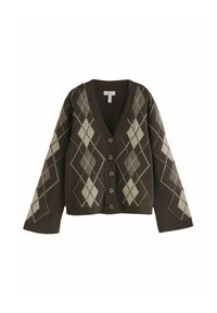 Brown v-neck cardigan made of soft material, featuring a diamond pattern in beige and light gray tones, with five button closures.