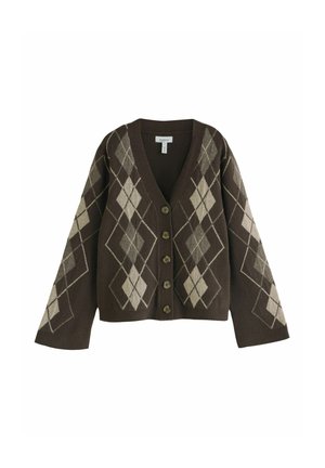Brown v-neck cardigan made of soft material, featuring a diamond pattern in beige and light gray tones, with five button closures.