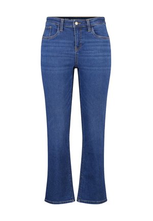 Jean flare en denim bleu à taille haute, avec cinq poches, des coutures contrastantes et une fermeture à bouton en métal standard.