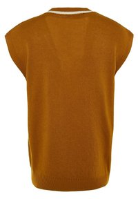 Gilet en tricot sans manches de couleur moutarde avec un détail de bande blanche le long de l'encolure ronde côtelée.