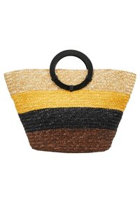 Woven straw tote bag with a wide open top, featuring black circular handle, in yellow, black, brown, and tan horizontal stripes.