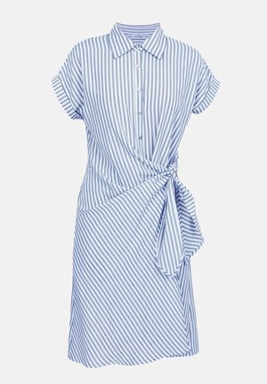 Blauw-witte verticale gestreepte jurk met korte mouwen, een kraag, knoopsluiting aan de voorkant en detail met zijstrik in de taille.
