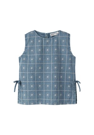 Ærmeløs blå top med kvadratisk gittermønster med hvide broderede blomster, sidesnore og lille knaplukning bagpå.