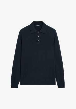 Dark navy long-sleeve polo shirt made from soft material, featuring a collared neck, three-button placket, and ribbed cuffs.