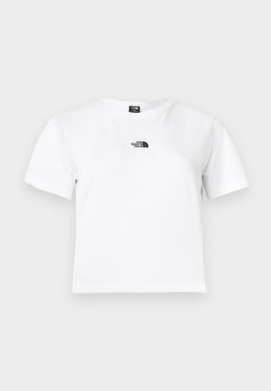 Λευκό βαμβακερό T-shirt με κοντά μανίκια, στρογγυλή λαιμόκοψη και μαύρο λογότυπο The North Face στο στήθος. Απλός, λιτός σχεδιασμός.