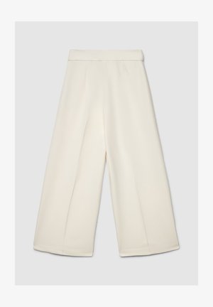Pantaloni a gamba larga in tessuto morbido color crema, caratterizzati da una texture liscia, pieghe frontali e una cintura piatta. Adatti a diverse occasioni.