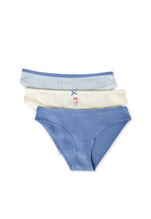 Tre slip da donna stile bikini in tessuto a coste blu, crema con piccolo motivo grafico e bianco con righe blu e bordi blu.