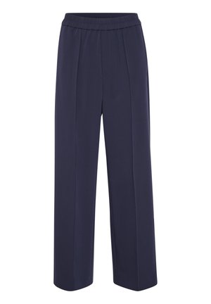 Navy blue wide-leg trousers with a smooth texture, elastic waistband, and two front pleats for added detail.