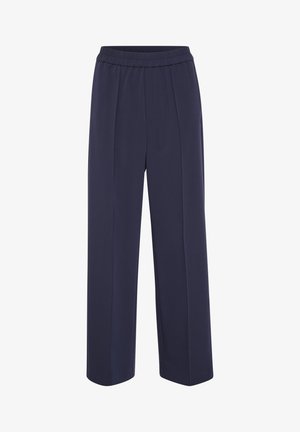 Pantaloni a gamba larga blu navy con una texture liscia, cintura elastica e due pieghe frontali per un tocco in più.