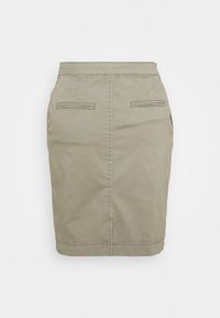 Jupe beige de couleur kaki, longueur genou, avec deux poches latérales horizontales à l'arrière et des coutures visibles au centre.