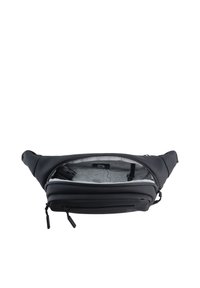 Borsa in vita nera, in materiale morbido, con una tasca esterna con zip, un interno grigio a fantasia e spallacci regolabili per una vestibilità sicura.