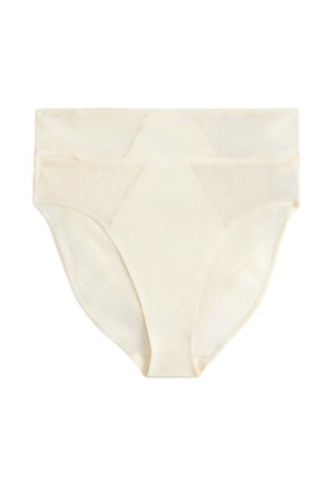 Højtaljet kvinders undertøj i cremefarve med glat stof og halvgennemsigtige mesh-sidepaneler, designet til komfort og fuld dækning.