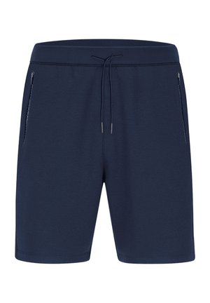 Marineblauwe sportshorts met elastische tailleband en trekkoord; voorzien van twee zijzakken met rits, een gladde textuur en een lengte boven de knie.