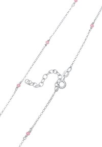 Collana in argento con piccoli semicircolari rosa, progettata con un gancio a molla e una lunghezza regolabile con anelli circolari.