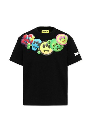 Czarny t-shirt z krótkim rękawem z pięcioma kolorowymi kreskówkowymi twarzami z kłami na piersi oraz słowem "BARROW" na lewym rękawie.