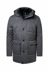 Graue gepolsterte Jacke mit Kapuze, die über einen Knopfverschluss verfügt, zwei Fronttaschen hat und ein dezentes strukturiertes Muster aufweist.