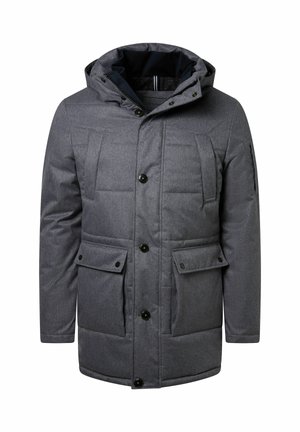 Grijze gewatteerde jas met een capuchon, voorzien van een knoopsluiting, twee voorkruiszakken en een subtiel textuurpatroon.