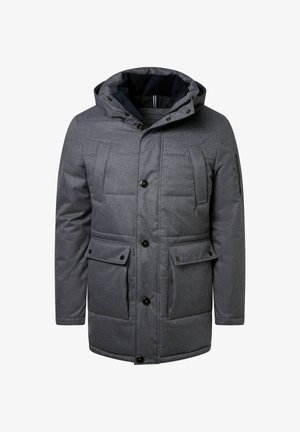 Grijze gewatteerde jas met een capuchon, voorzien van een knoopsluiting, twee voorkruiszakken en een subtiel textuurpatroon.
