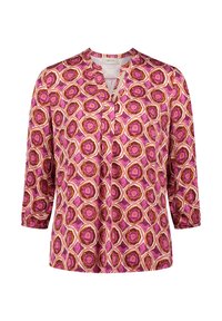 Blusa a fantasia con scollatura a V e maniche tre quarti. Presenta disegni esagonali in rosa, arancione e bianco su uno sfondo chiaro.