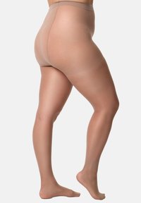 Hautfarbene Strumpfhosen mit glatter Textur, hohem Taillendesign, transparenter Optik und verstärktem Fuß, präsentiert vor einem neutralen Hintergrund.