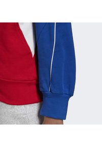 Sudadera roja y azul con acentos en blanco; presenta puños de canalé y una tela texturada. Detalle de costura visible en el hombro.