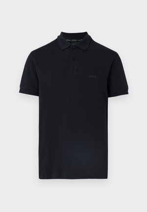 Black short-sleeve polo shirt with two buttons and "BOSS" embroidered on the left chest.