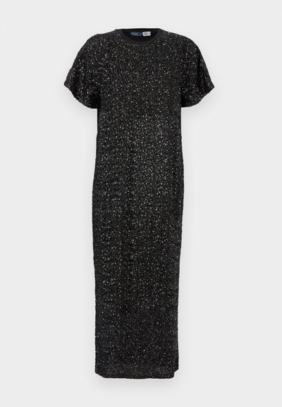 Μαύρο μάξι φόρεμα με παγιέτες, κοντά μανίκια, στρογγυλή λαιμόκοψη και χαλαρή εφαρμογή. Υφή επιφάνειας με λαμπερές λεπτομέρειες σε όλο το φόρεμα.