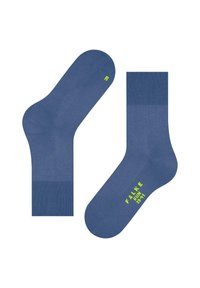 Chaussettes de cheville bleues avec des bords côtelés, arborant le lettrage jaune "FALKE RUN" et des mentions de taille. Texture lisse avec un talon et des orteils renforcés.