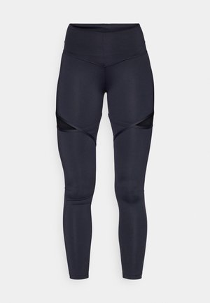 Leggings azul-marinho de cintura alta, feitos de material elástico, com recortes em malha ao longo das laterais e um acabamento liso e elegante.