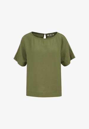 Olivzāles zaļa īsām piedurknēm blūze ar fakturētu audumu, apaļu kakla izgriezumu un mazu atslēgas caurumiņu ar pogu aizmugurē.