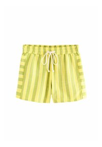 Gelb-grün gestreifte Shorts mit elastischem Bund, Kordelzugverschluss und weichem Material. Mit vertikalen und horizontalen Streifen.