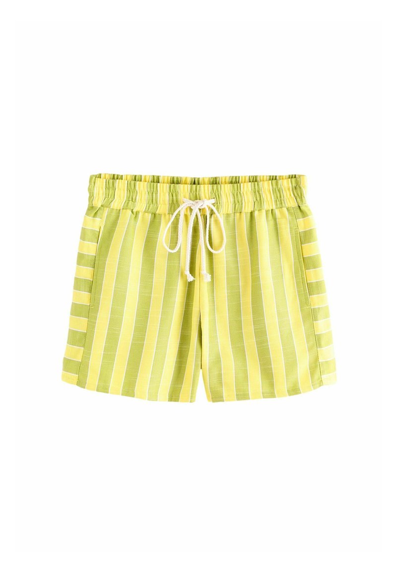 Gelb-grün gestreifte Shorts mit elastischem Bund, Kordelzugverschluss und weichem Material. Mit vertikalen und horizontalen Streifen.