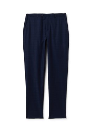 Pantaloni blu navy con un delicato motivo a quadretti, realizzati in tessuto leggero. Presentano una chiusura con bottone e un design della cintura standard.