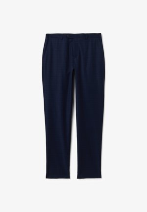 Pantaloni blu navy con un delicato motivo a quadretti, realizzati in tessuto leggero. Presentano una chiusura con bottone e un design della cintura standard.