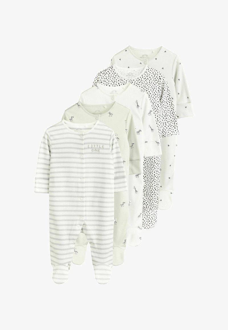 Lot de cinq pyjamas à pieds pour bébé blancs et gris clair avec différents motifs comprenant des rayures, des animaux et des pois.