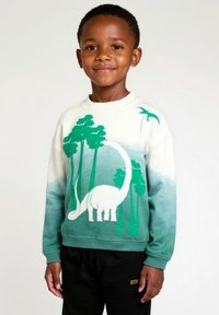Felpa con gradient verde e bianco che presenta una grafica di un dinosauro e alberi, con polsini a coste e design con collo rotondo.
