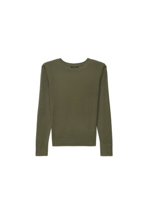 Long-sleeve olive green crewneck sweater with ribbed cuffs and hem, displayed on a white background.