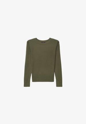 Long-sleeve olive green crewneck sweater with ribbed cuffs and hem, displayed on a white background.