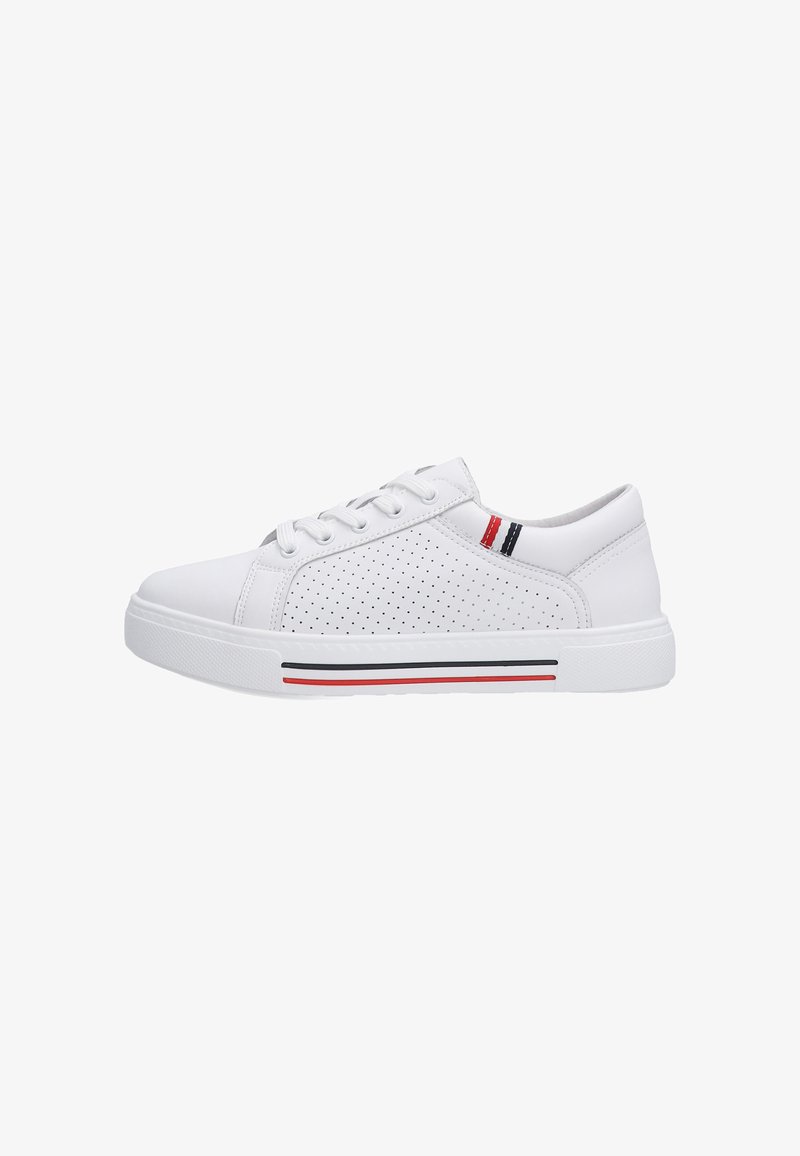 White synthetic sneaker with round toe, perforated side design, flat laces, and red and black striped accent on the sole.