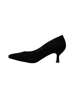 Schwarzer Wildleder-Pumps mit spitzer Schuhspitze, niedrigem Kitten-Heel und glatter Silhouette, seitlich auf weißem Hintergrund dargestellt.