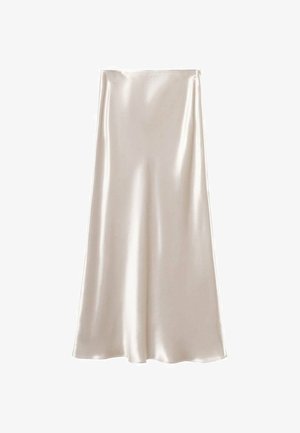 Satin midi skirt in cream, featuring a smooth, glossy texture and an A-line silhouette. Plain design with no additional embellishments.