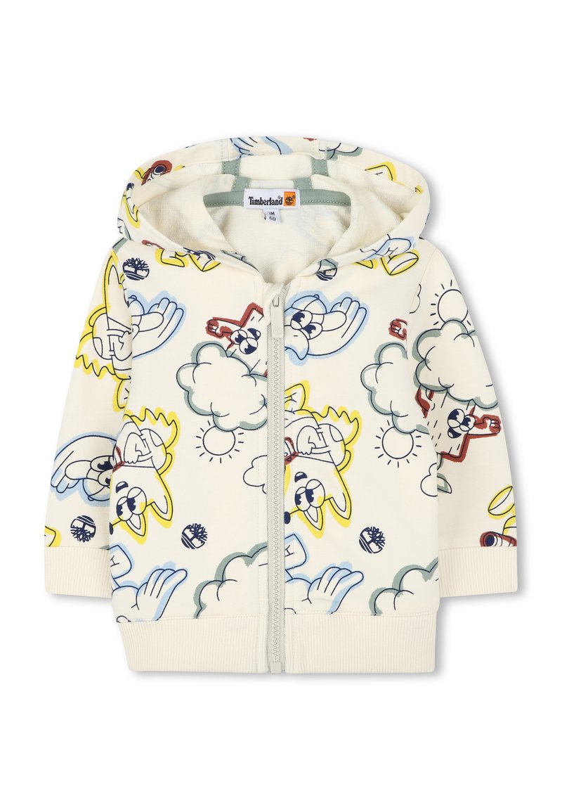 Sweat à capuche zippé blanc avec des personnages de dessin animé colorés, des nuages et des soleils. Texture douce avec des poignets côtelés et une capuche doublée.