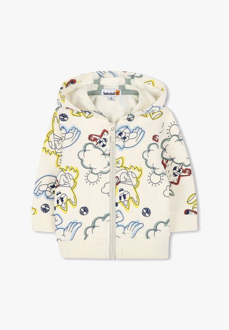 Sweat à capuche zippé blanc avec des personnages de dessin animé colorés, des nuages et des soleils. Texture douce avec des poignets côtelés et une capuche doublée.