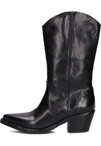 Zwarte leren cowboylaars met een spitse neus, iets gebogen bovenkant en een blokhak. Glad oppervlak met subtiele plooien en stiksels.