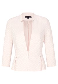 Blazer rose clair avec un motif texturé en losanges, devant ouvert et manches trois-quarts. Comprend une coupe peplum et une fermeture éclair dissimulée.
