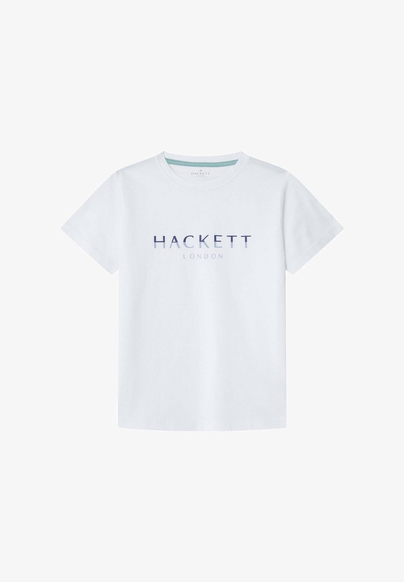 Camiseta de algodón blanca de manga corta, con un logo en degradado azul que dice "HACKETT LONDON" en el pecho.