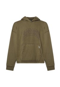 Sudadera con capucha de color verde oliva con un bolsillo frontal, que presenta el texto "REPRESENT" en letras con tachuelas metálicas en el pecho. Tela suave y ajuste holgado.