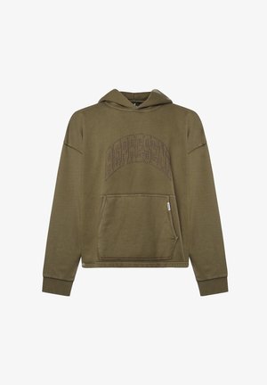 Olijfgroene capuchonsweatshirt met een voorzak, met "REPRESENT" in metalen studs op de borst. Zachte stof, ontspannen pasvorm.